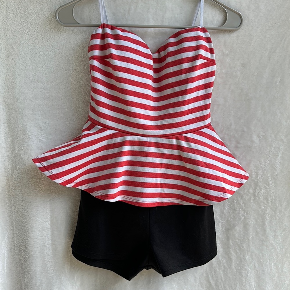 Red & White Striped Strapless Peplum Romper